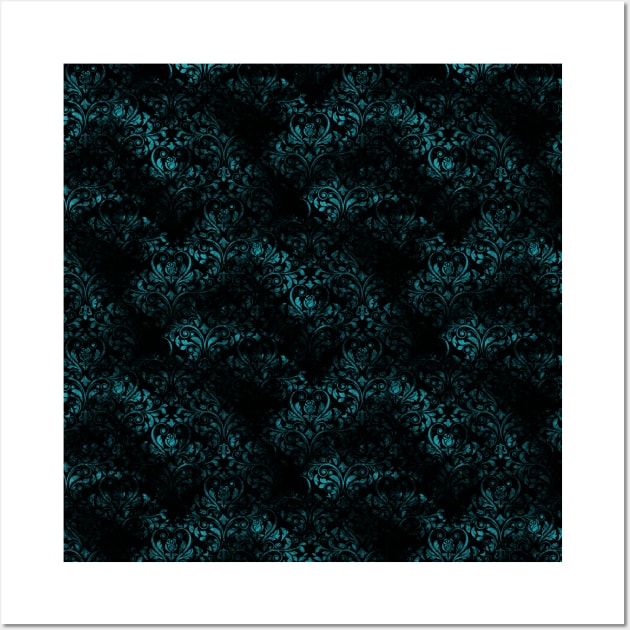 Distressed Black and Teal Floral Grunge Pattern Wall Art by Wanderer Bat